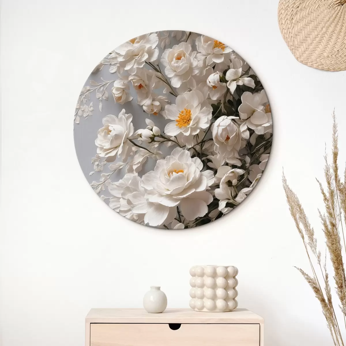 Quadri rotondi Fiori e foglie bianche su sfondo bianco r44465