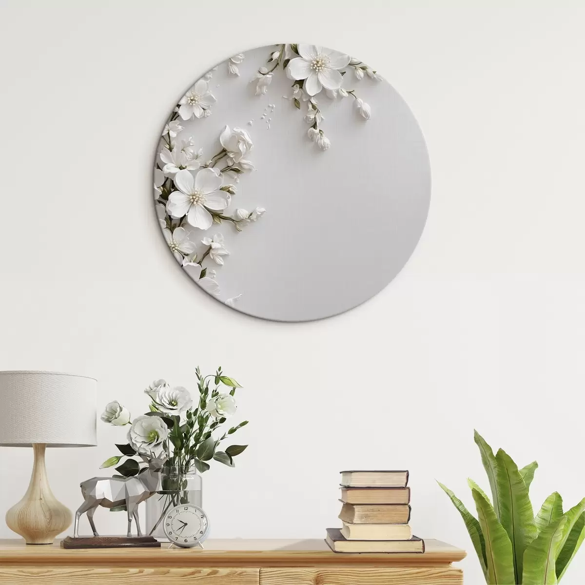Quadri rotondi Fiori bianchi su sfondo bianco r44466