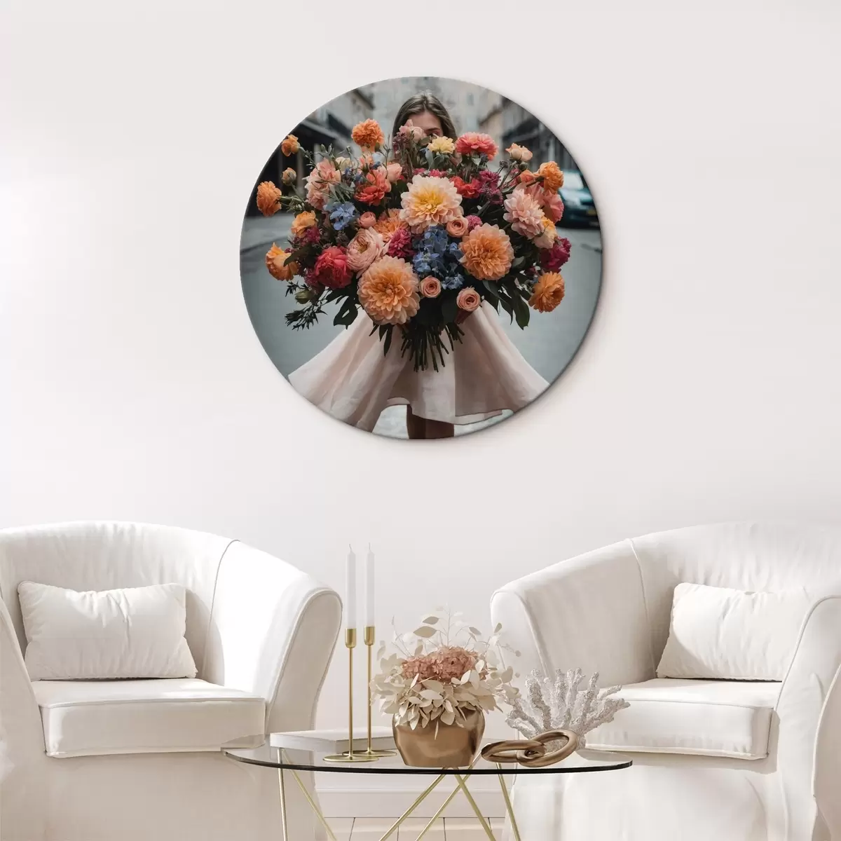 Quadri rotondi Ragazza con fiori r44474