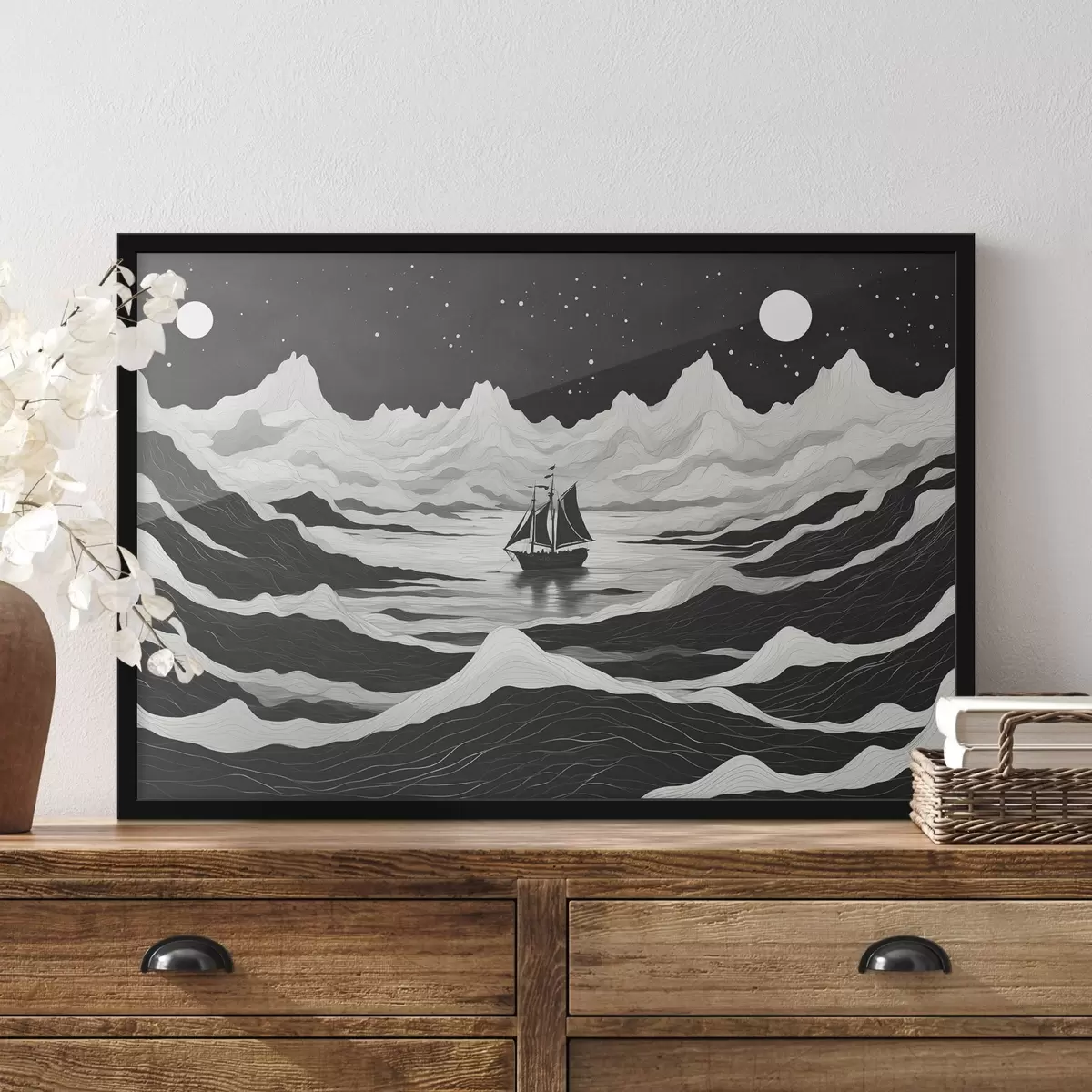 Poster Nave in un mare notturno e nebbioso f44437