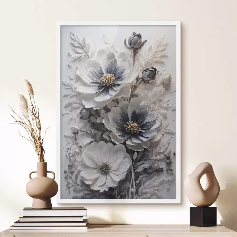 carta da parati Fiori bianchi e neri su sfondo bianco nr. f44446