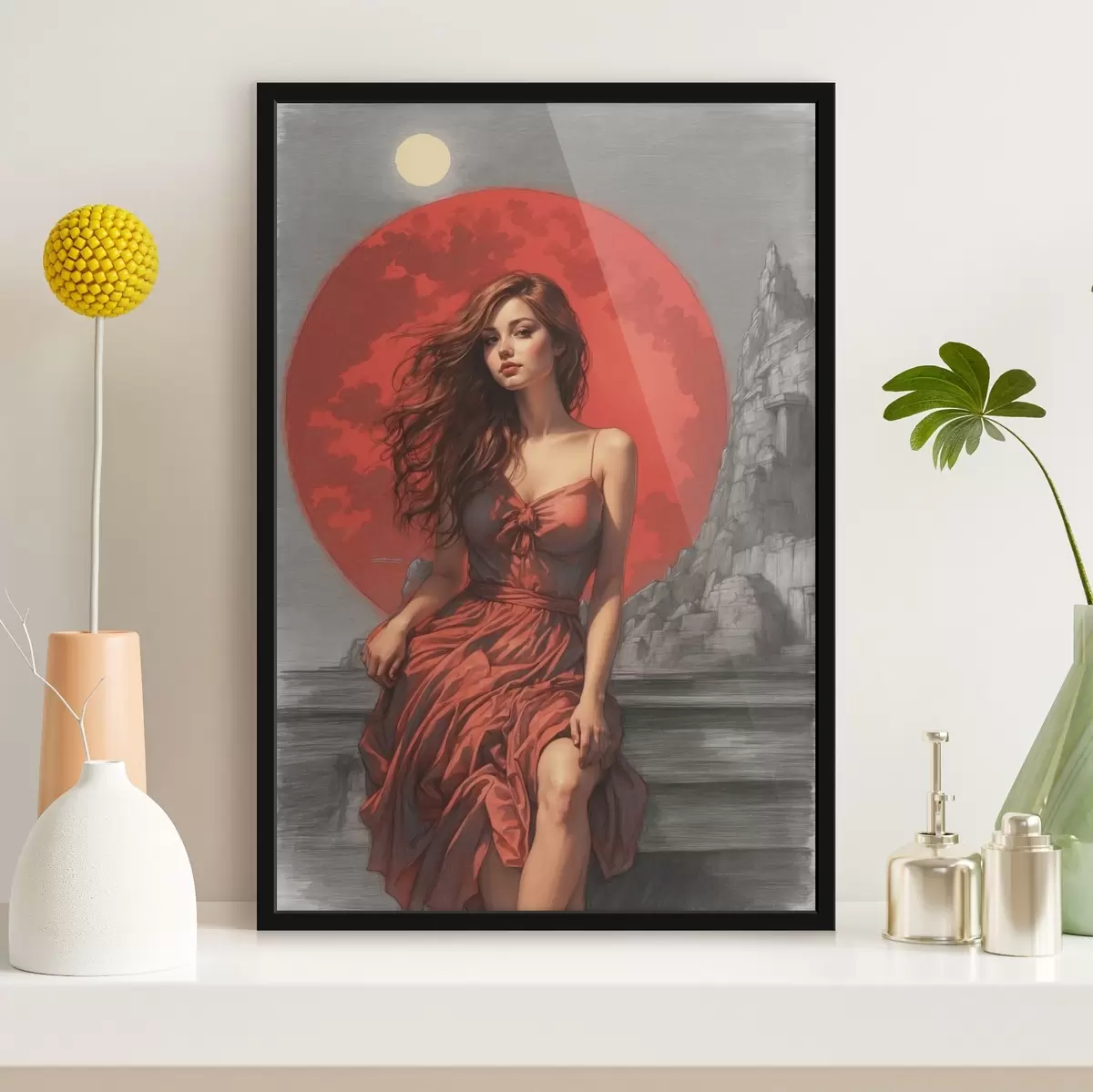 Poster Ragazza su sfondo lunare rosso f44448