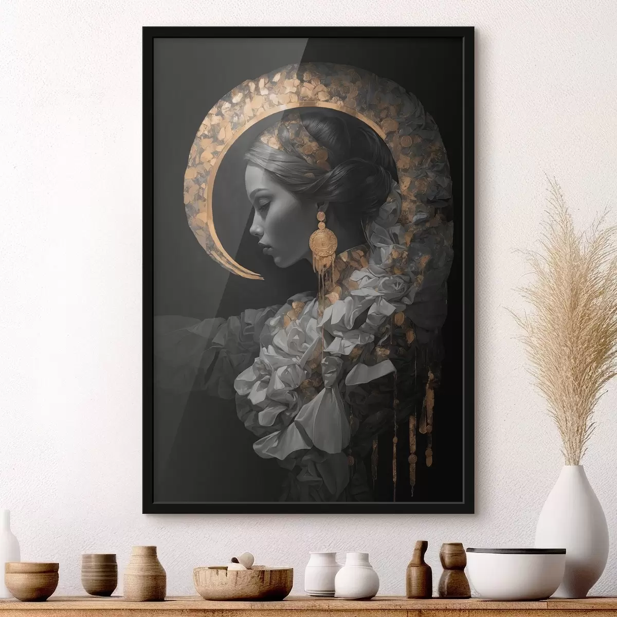 Poster Ragazza e luna crescente gialla su sfondo nero f44449