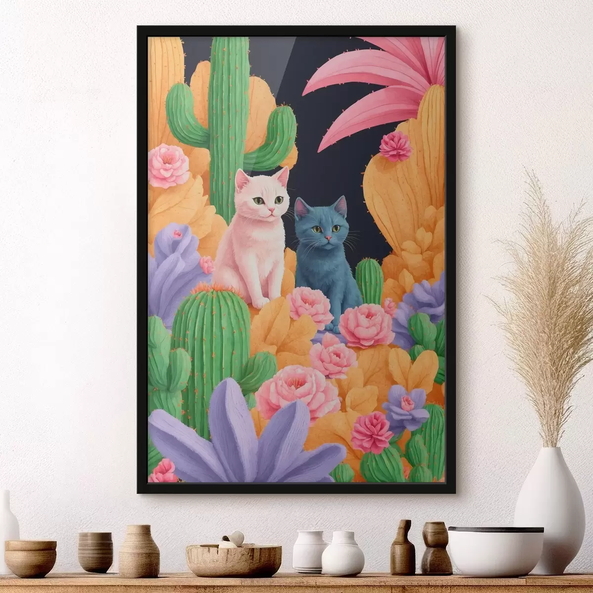 Poster Gatti artificiali tra fiori e cactus f44452