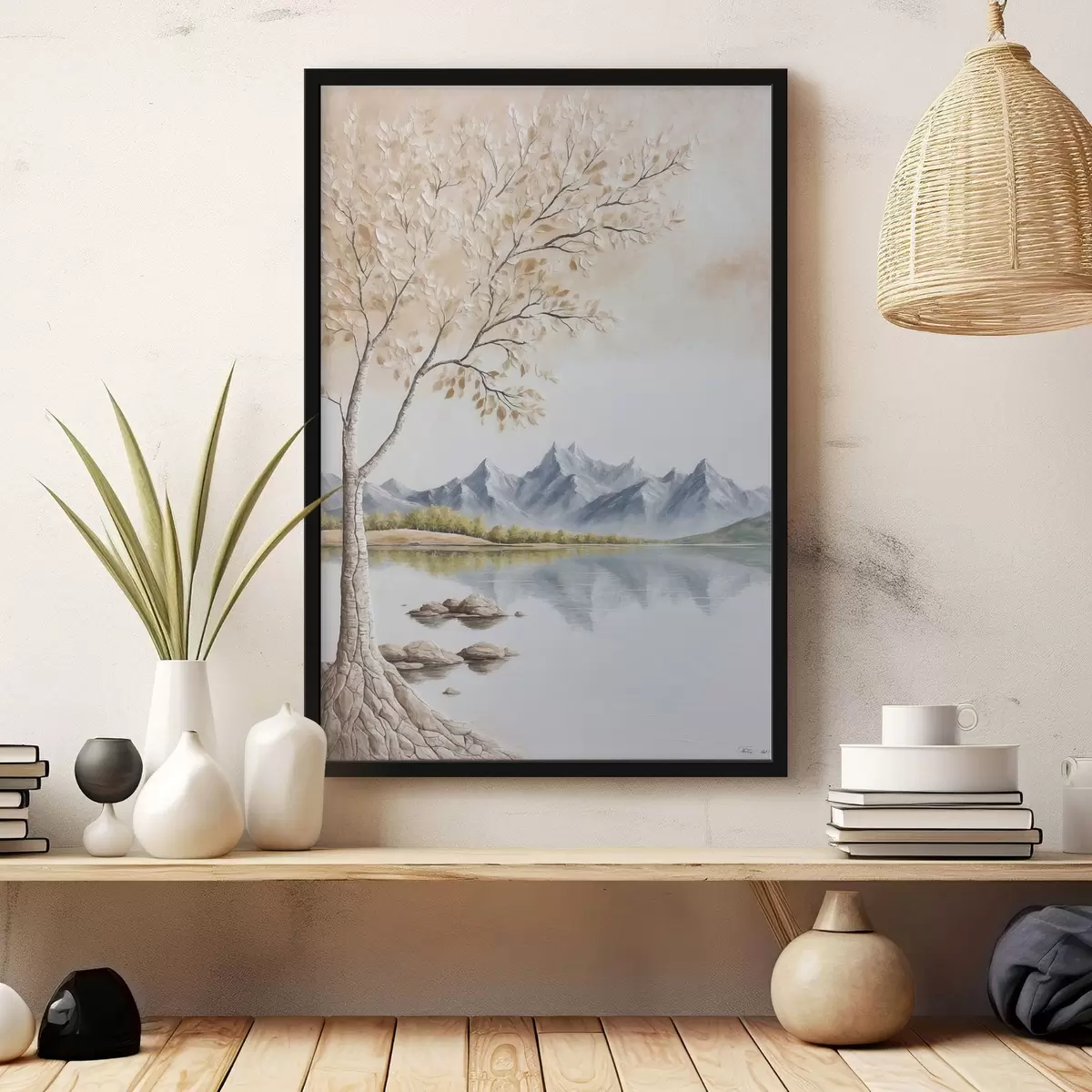 Poster Albero su lago e sfondo di montagne innevate f44459