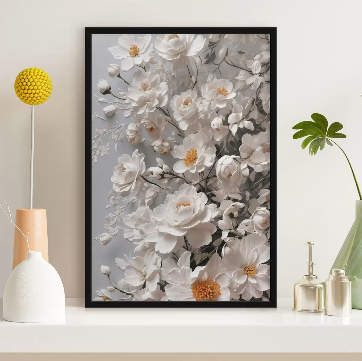 Poster Fiori e foglie bianche su sfondo bianco f44465