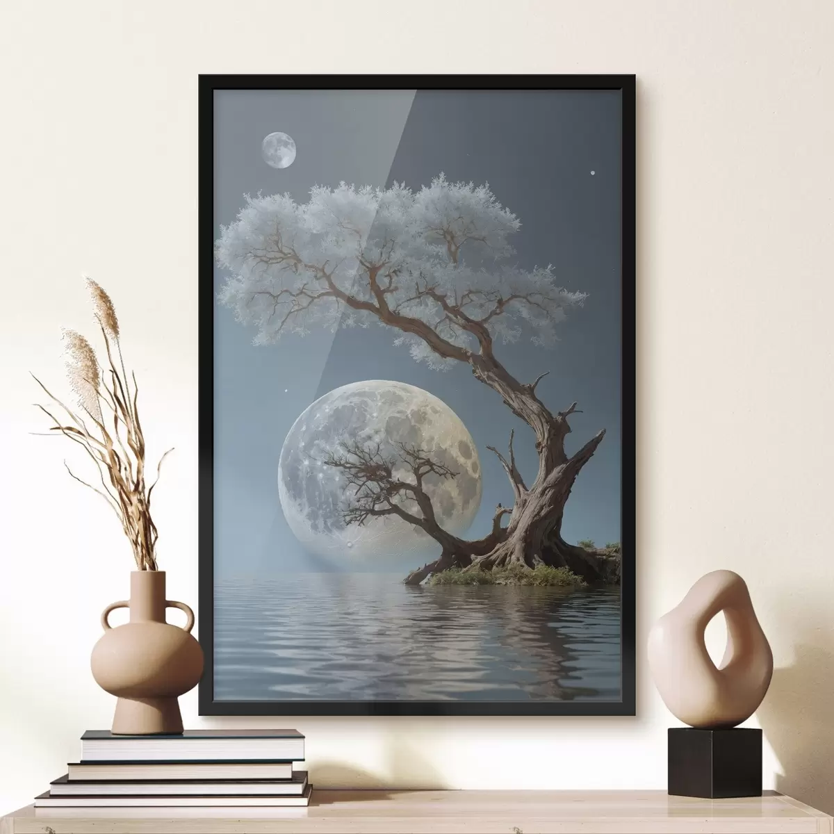 Poster Albero che cresce in mezzo a un lago su sfondo lunare f44481