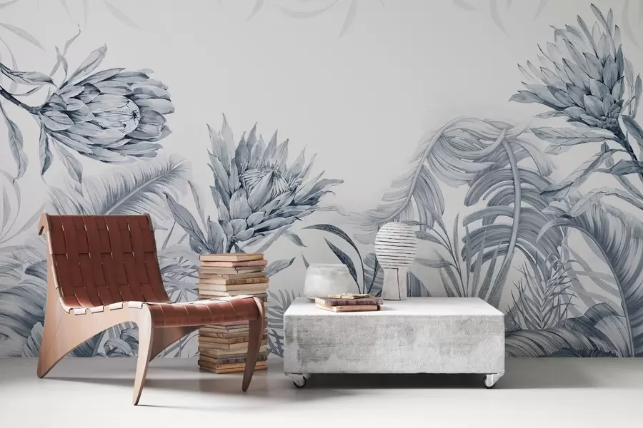 carta da parati Protea tra foglie tropicali, sfumature verdi nr. w03952v2