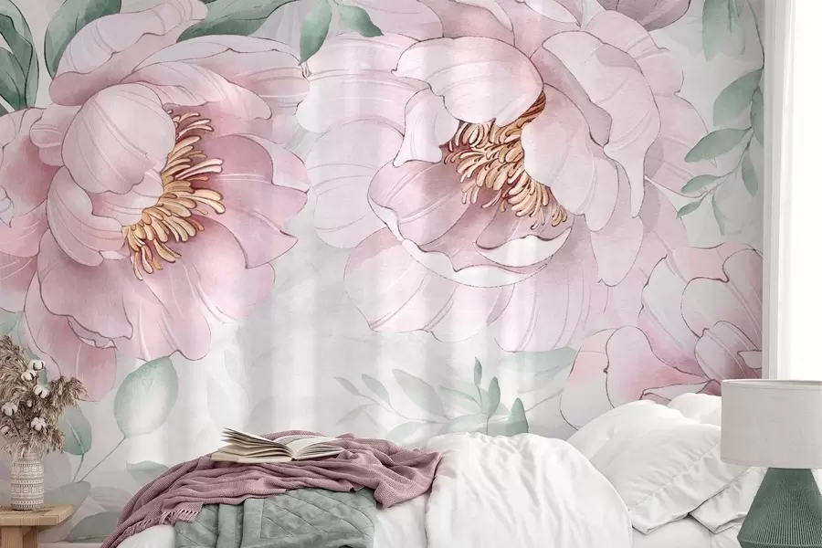 Carta da parati Floreale Imitazione di peonie rosa ad acquerello n. w03932v2