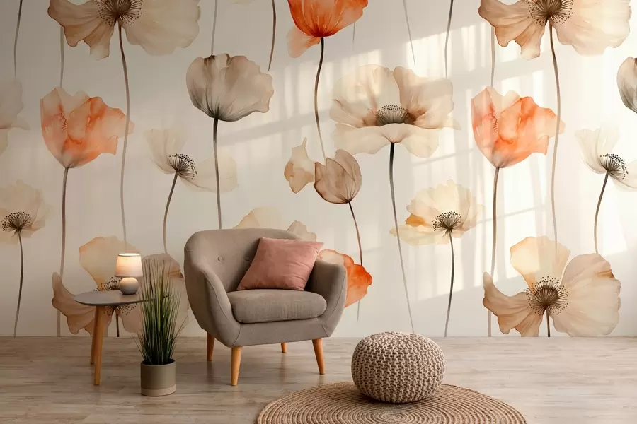 Carta da parati Floreale papaveri ricci in stile acquerello n. w04031