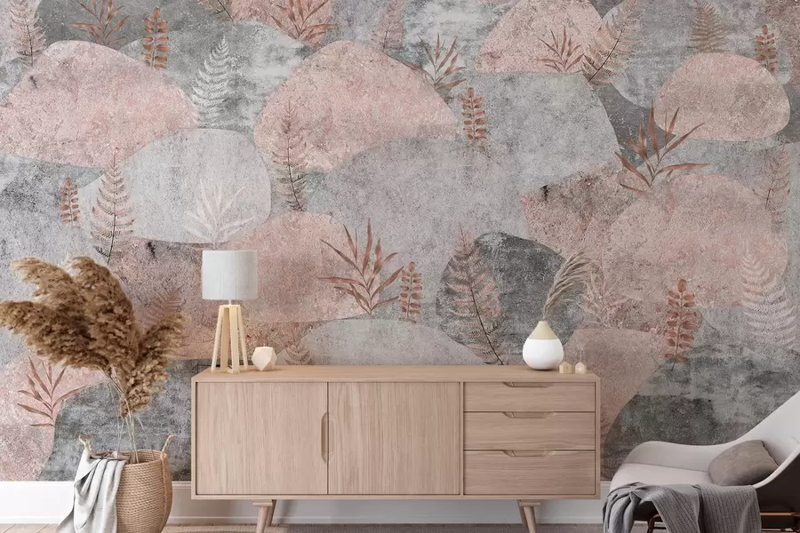 carta da parati Pietre con piante, felce, stile nordico, rustico, colori grigio e rosa nr. w04064v1