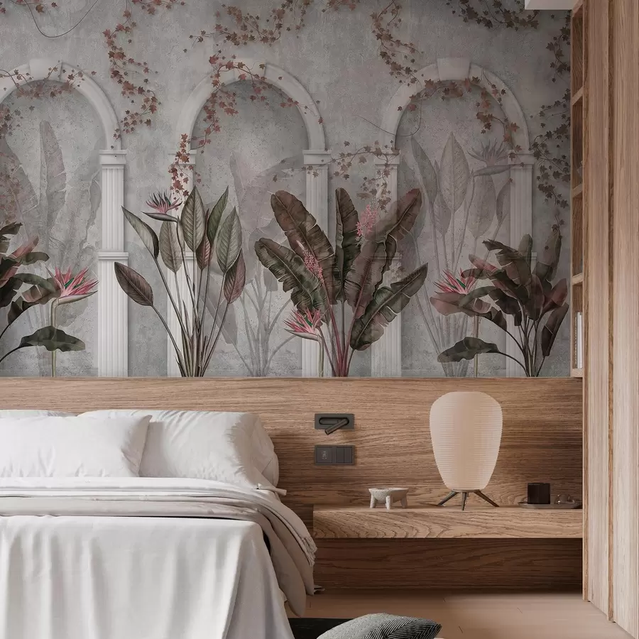 carta da parati Parete in cemento con archi e piante tropicali, floreali, colori bordeaux nr. w04065v1