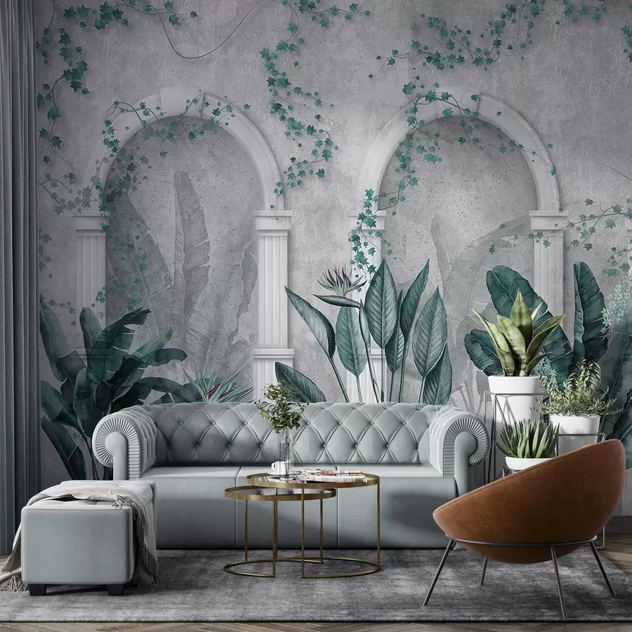 carta da parati Parete in cemento con archi e piante tropicali, colori floreali e blu nr. w04065v2