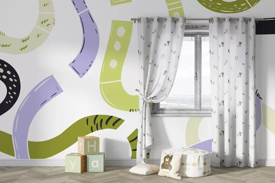 carta da parati Disegni astratti, giovanile, scarabocchi, verde, viola nr. w04066v1