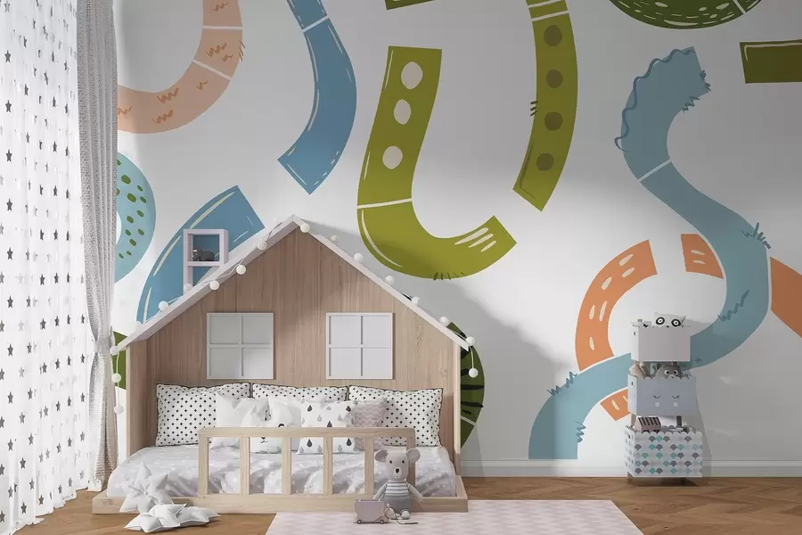 carta da parati Disegni astratti, giovanili, scarabocchi, verde, blu, rosa nr. w04066v2