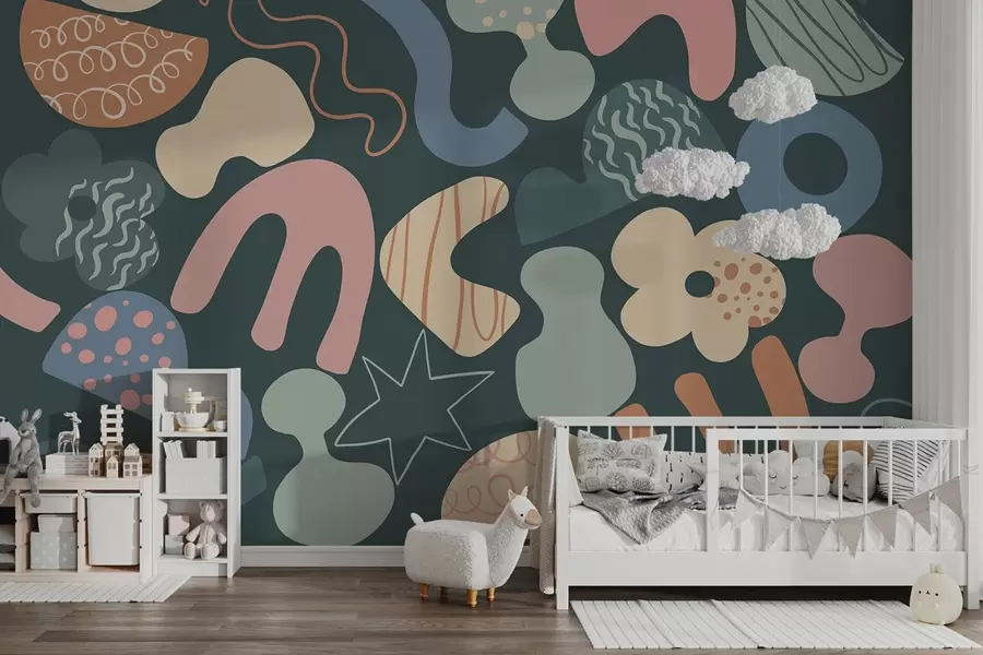 carta da parati Figure geometriche con disegni di scarabocchi, giovani, sfondo verde scuro   nr. w04068v3