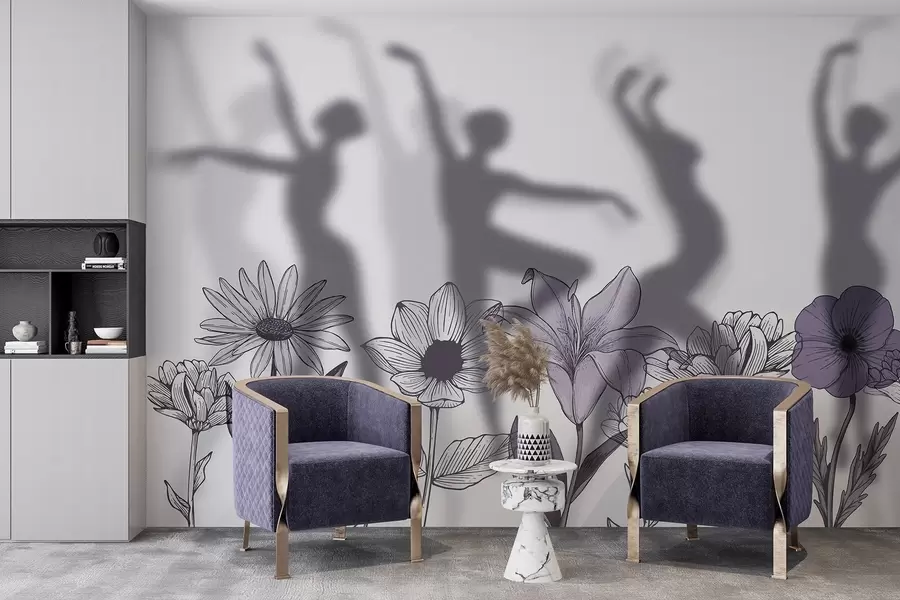 Carta da parati per Bambini Silhouette di ballerine, fiori rustici, line art, colori grigio e viola 