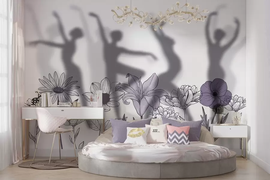 Carta da parati per Bambini Silhouette di ballerine, fiori rustici, line art, colori grigio e viola 