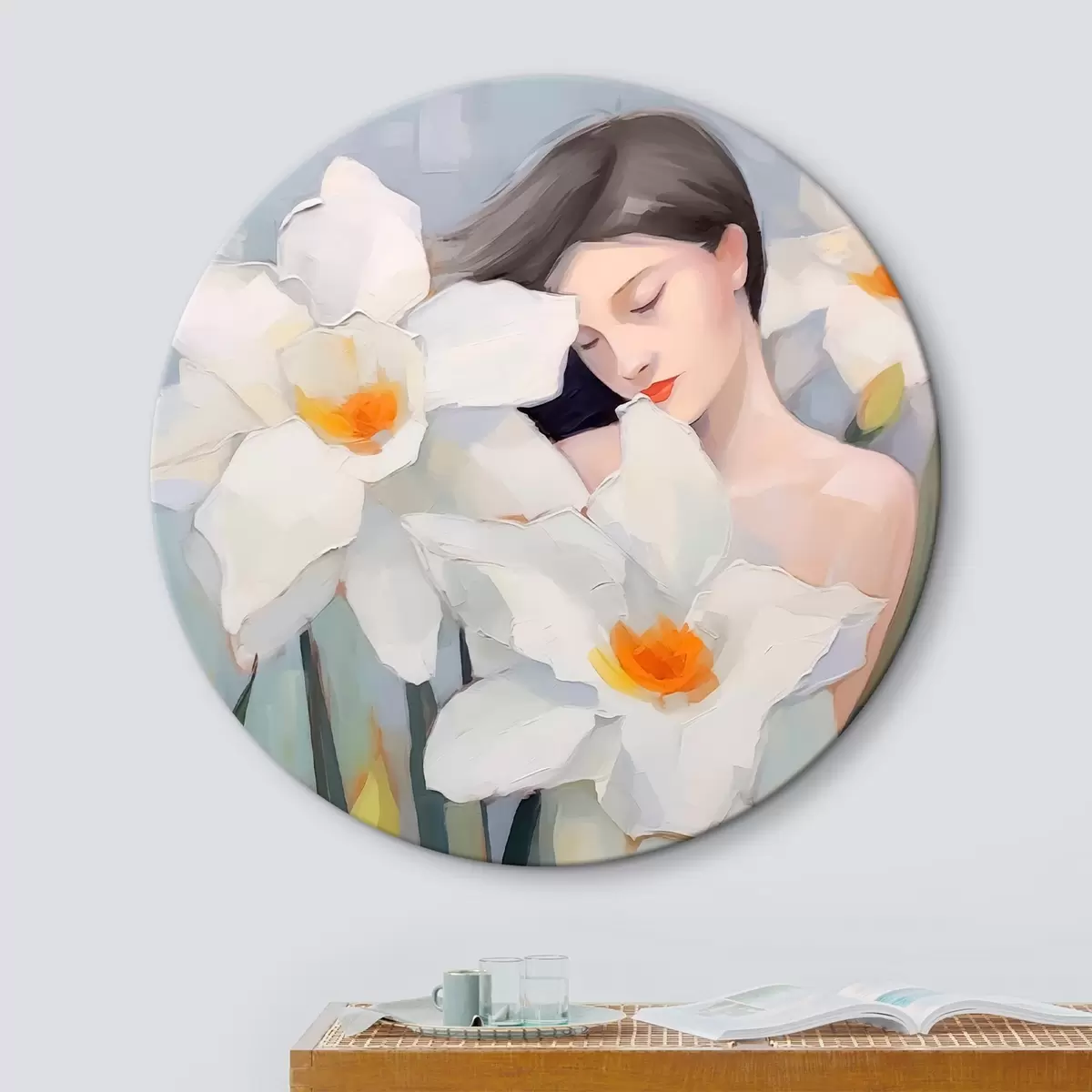 Quadri rotondi Ragazza con narcisi r44594