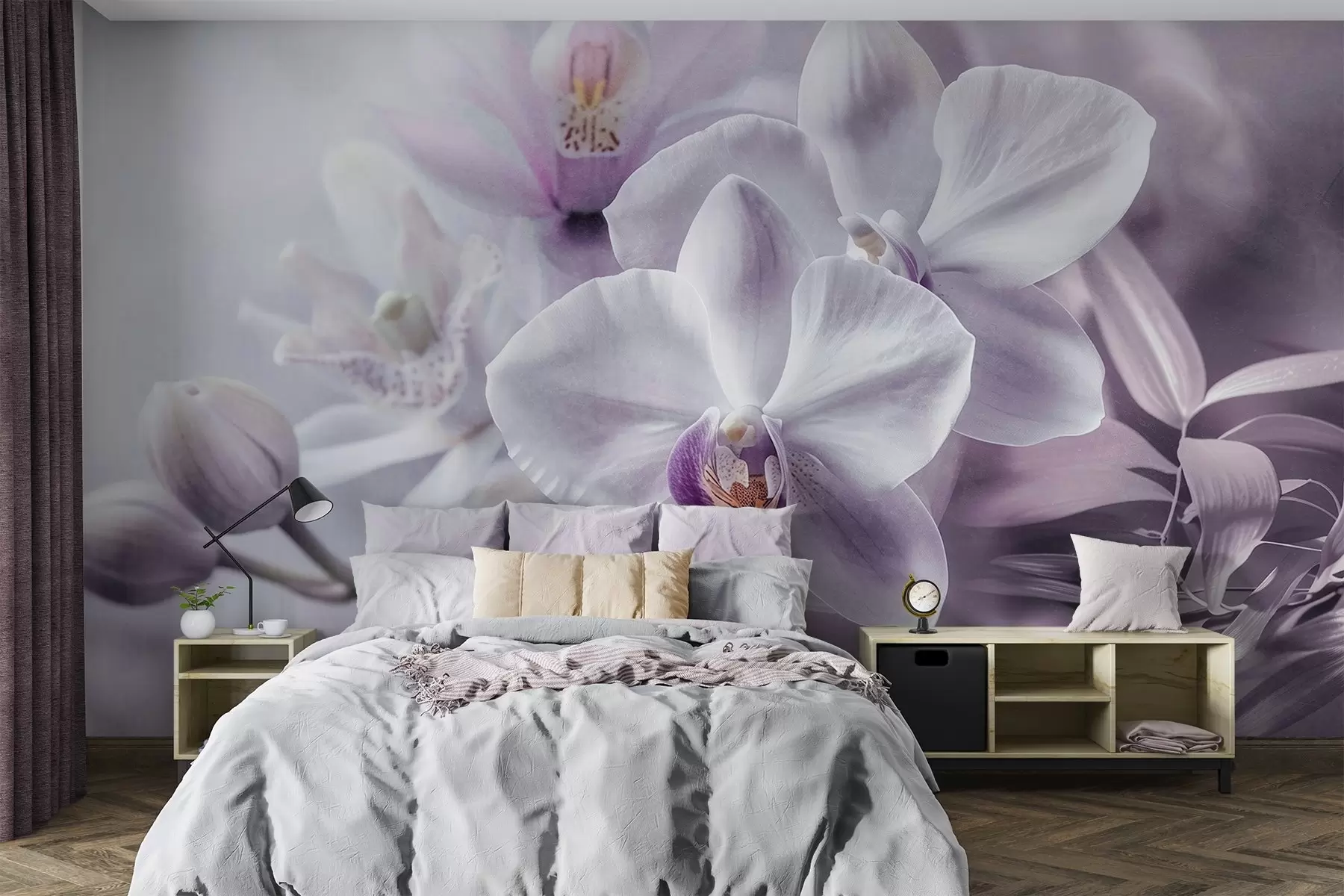 Carta da parati Floreale Fiori di orchidea delicati bianchi e lilla, luci soffuse e sfondo sfumato  n. w09155