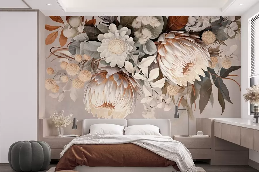 Carta da parati Fiori grandi Grande protea strutturata con accenti marroni, margherite bianche e fiori gialli, sfondo beige attenuato n. w09157
