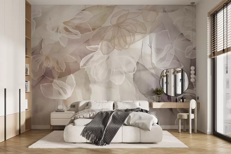 Carta da parati Floreale Fiori e foglie con petali trasparenti nei toni del bianco, del beige e del viola, morbidi e delicati n. w09158