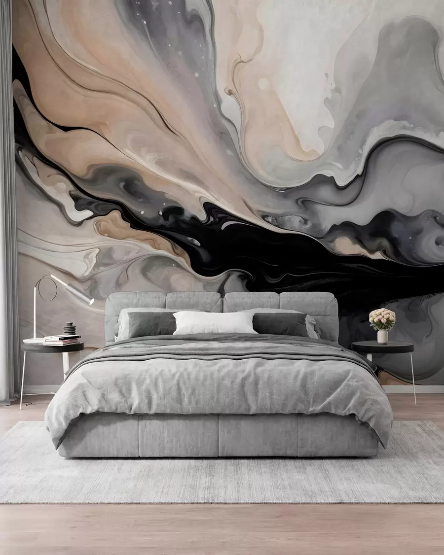 carta da parati Pittura astratta a texture fluida nei toni del nero, del bianco, del grigio e del beige imitazione marmo nr. w09160