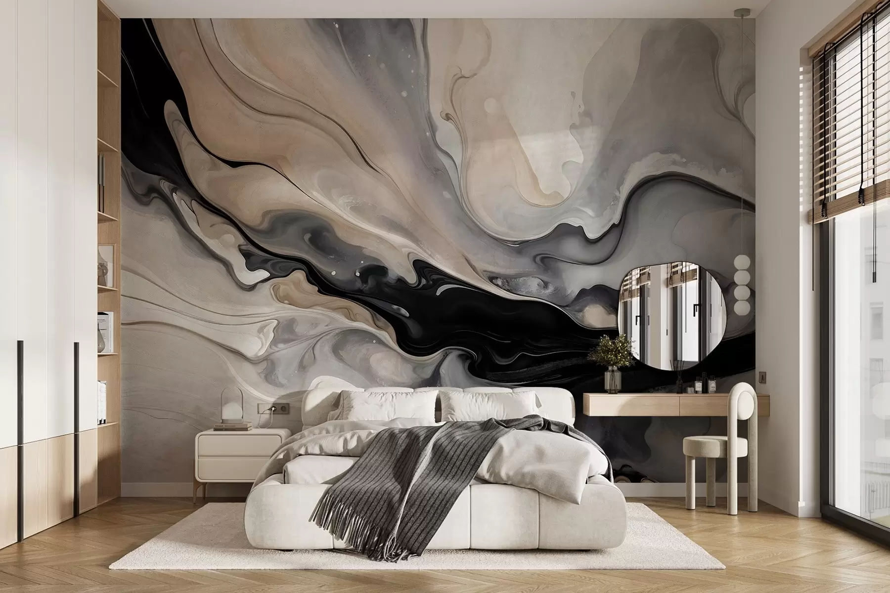 carta da parati Pittura astratta a texture fluida nei toni del nero, del bianco, del grigio e del beige imitazione marmo nr. w09160