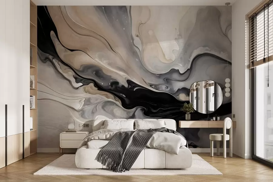 carta da parati Pittura astratta a texture fluida nei toni del nero, del bianco, del grigio e del beige imitazione marmo nr. w09160