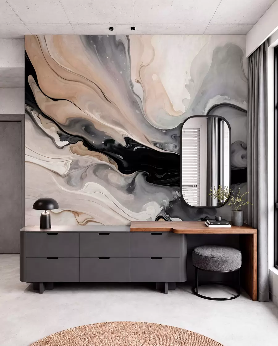 carta da parati Pittura astratta a texture fluida nei toni del nero, del bianco, del grigio e del beige imitazione marmo nr. w09160