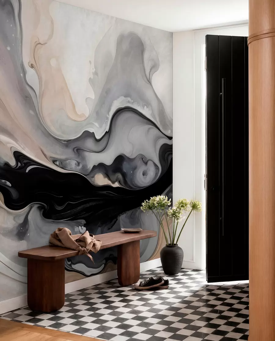 carta da parati Pittura astratta a texture fluida nei toni del nero, del bianco, del grigio e del beige imitazione marmo nr. w09160