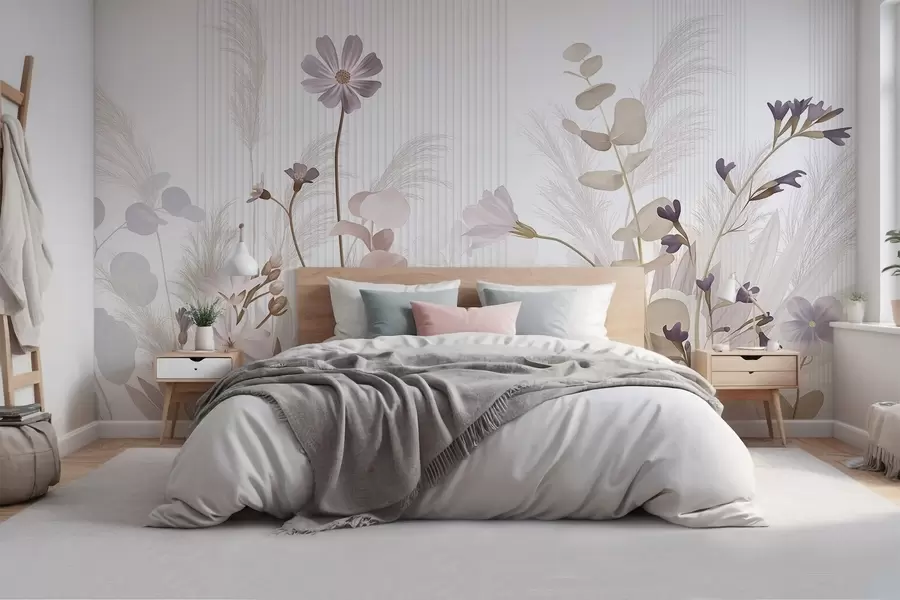 Carta da parati Floreale Fiori in colori pastello, foglie marrone chiaro, sfondo bianco con linee verticali, elegante e minimalista  n. w09161