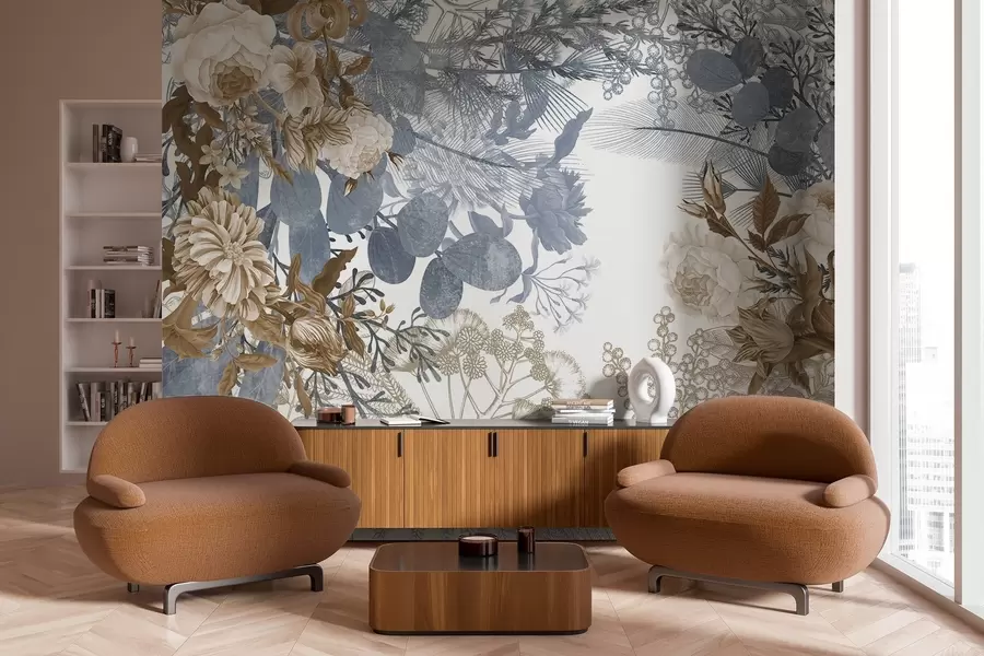 Carta da parati Floreale Composizione floreale vintage con rose, eucalipto e mimosa nei toni del blu e del marrone  n. w09164