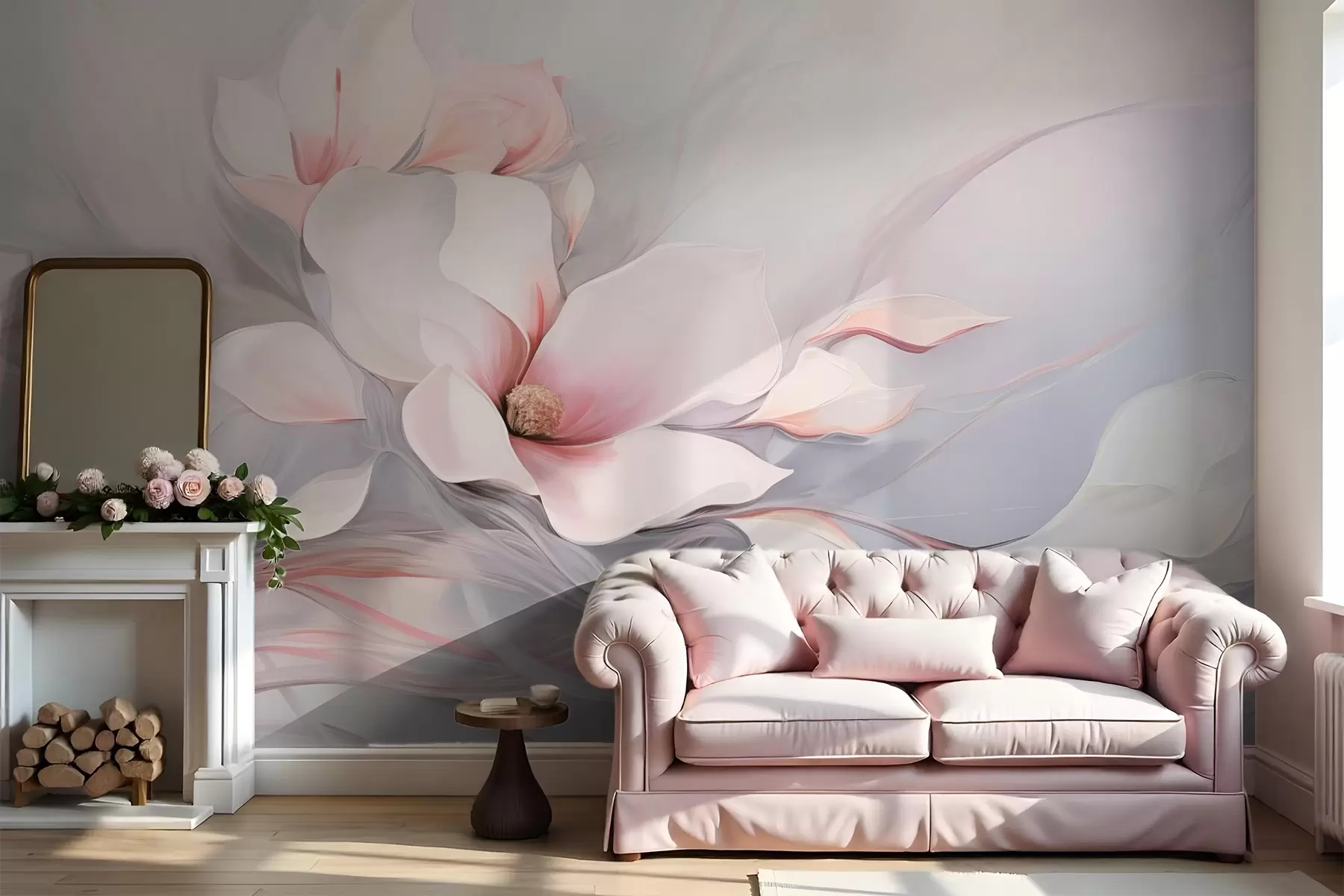 Carta da parati Floreale Delicati fiori di magnolia con petali rosa e foglie bianche, texture liscia e linee fluide n. w09165