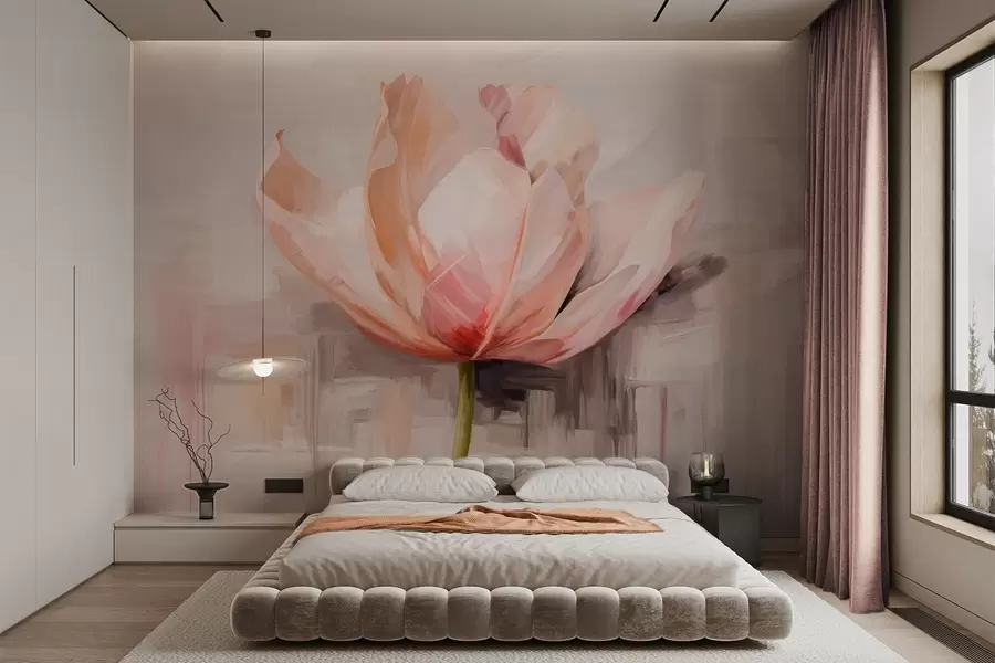 Carta da parati Floreale Tulipano rosa, imitazione di pittura a olio con pennellate morbide, sfondo astratto con toni pastello di grigio e beige n. w09187