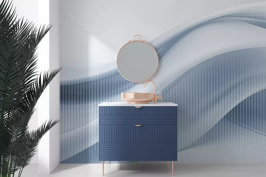 carta da parati Stampa astratta con linee fluide e sottili strisce verticali, che creano un senso di movimento e profondità, palette blu nr. w09189v1