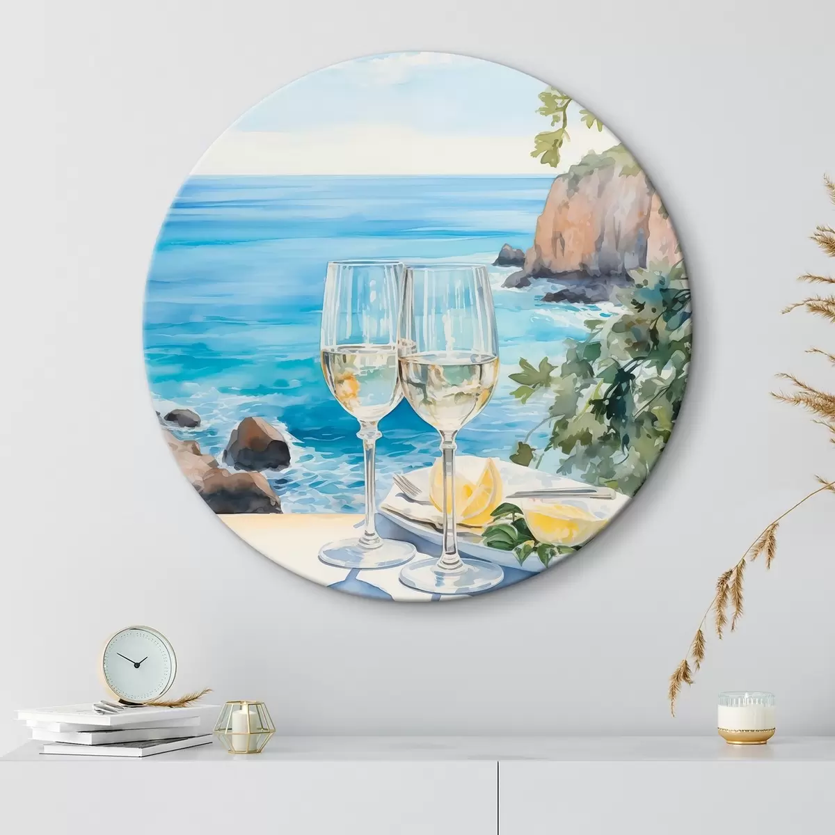 Quadri rotondi Bicchieri di vino contro il mare r44644