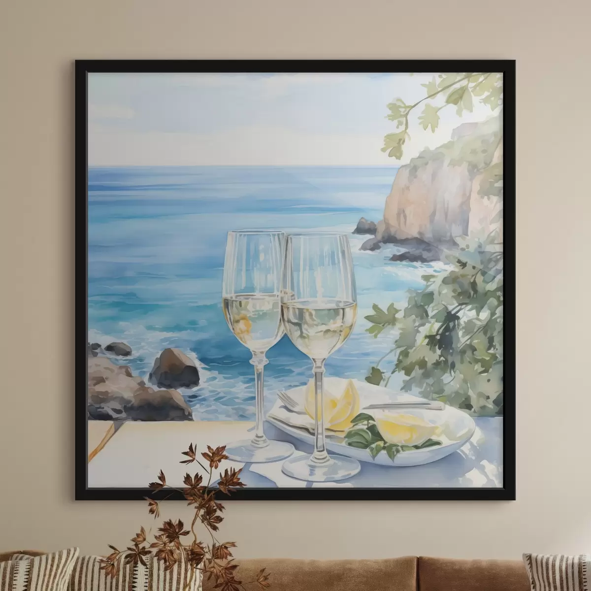 Poster Bicchieri di vino contro il mare f44644