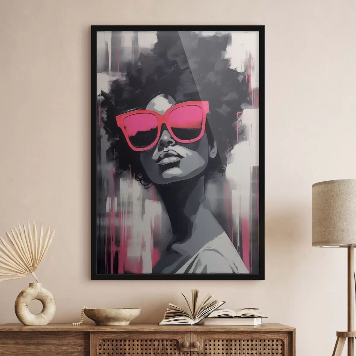 Poster Ragazza con occhiali rosa, stile bianco e nero f44624