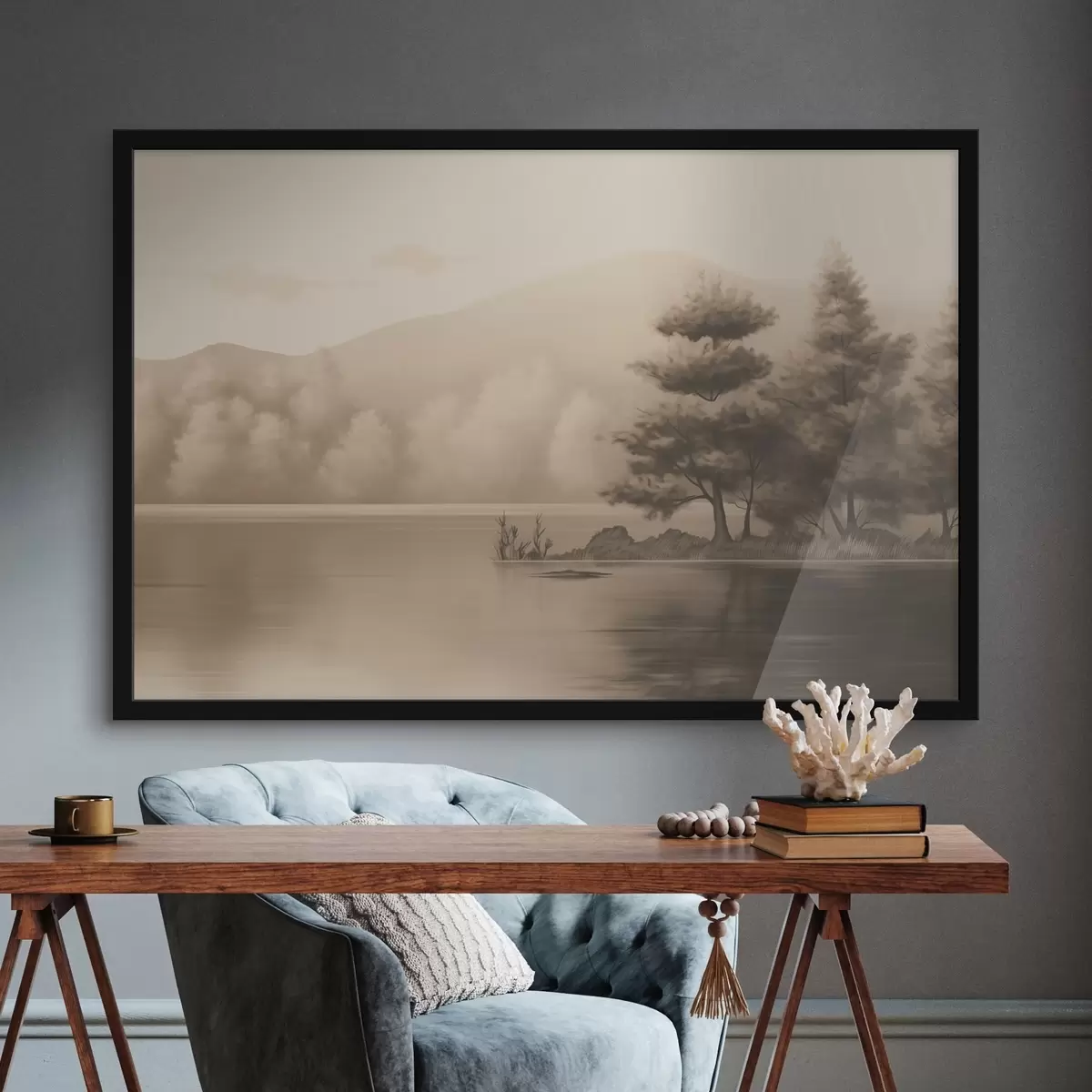 Poster Lago e alberi in seppia f44633