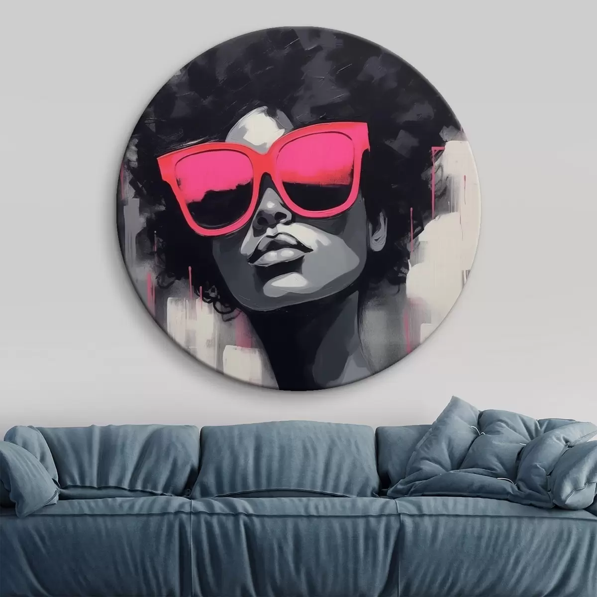 Quadri rotondi Ragazza con occhiali rosa, stile bianco e nero r44624