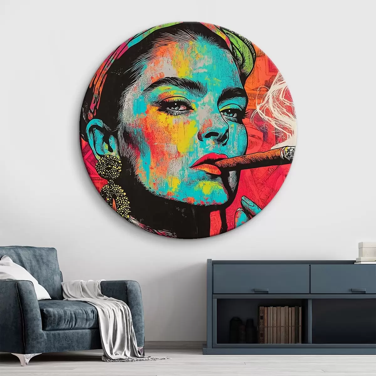 Quadri rotondi Ragazza con sigaro, stile pop art r44625