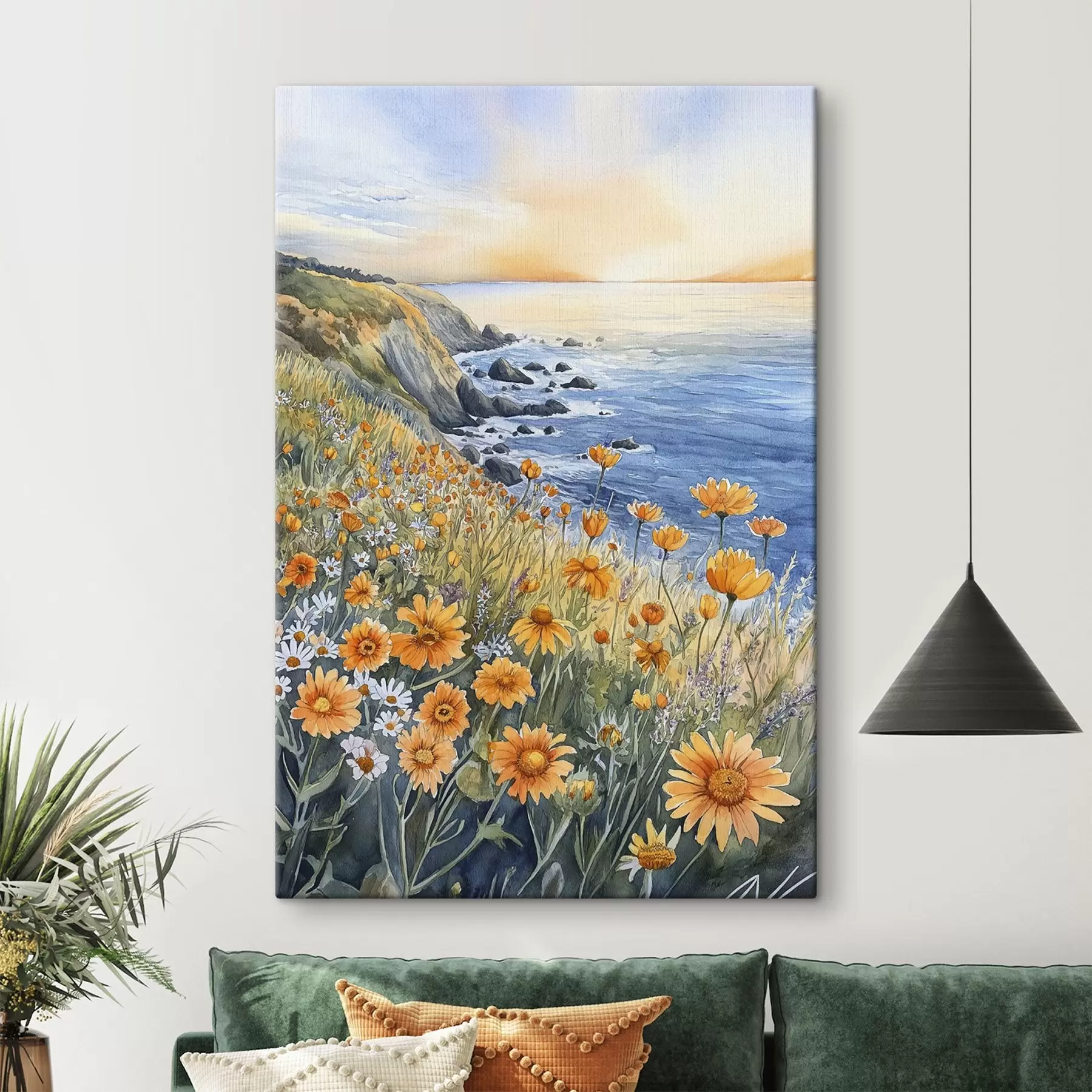 carta da parati Scogliera con fiori d'arancio, costa oceanica, Portogallo, stile acquerello nr. s44604