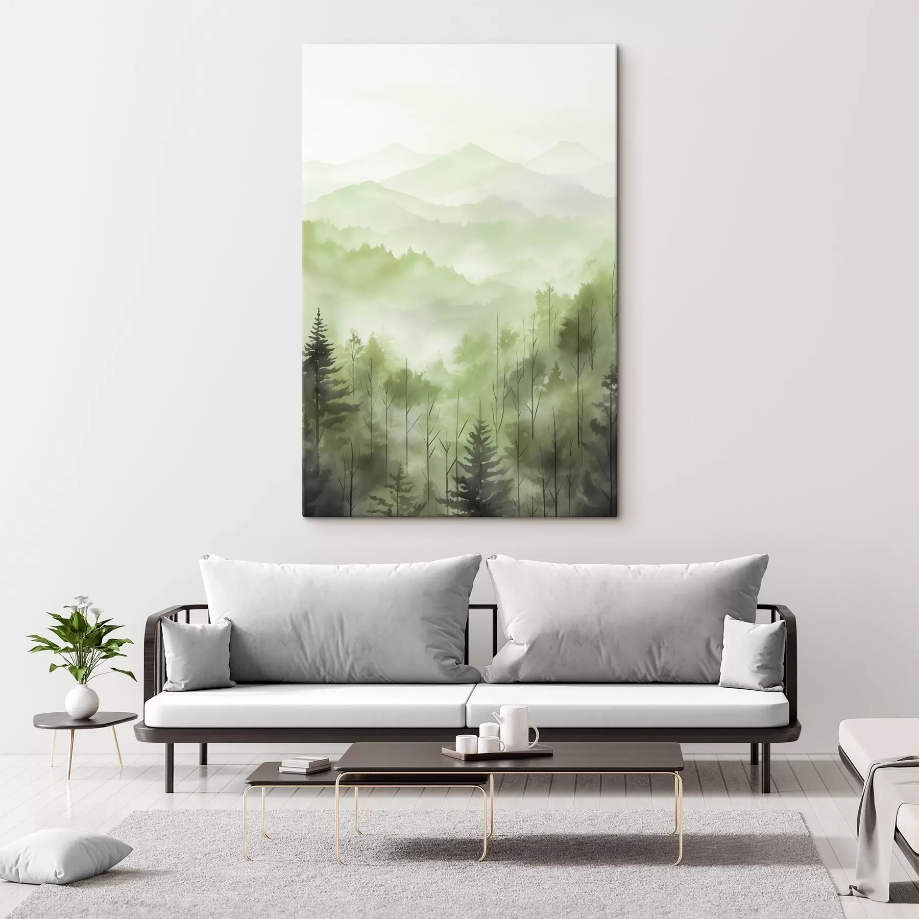 carta da parati Montagne con paesaggio forestale, colori verdi, stile acquerello nr. s44606