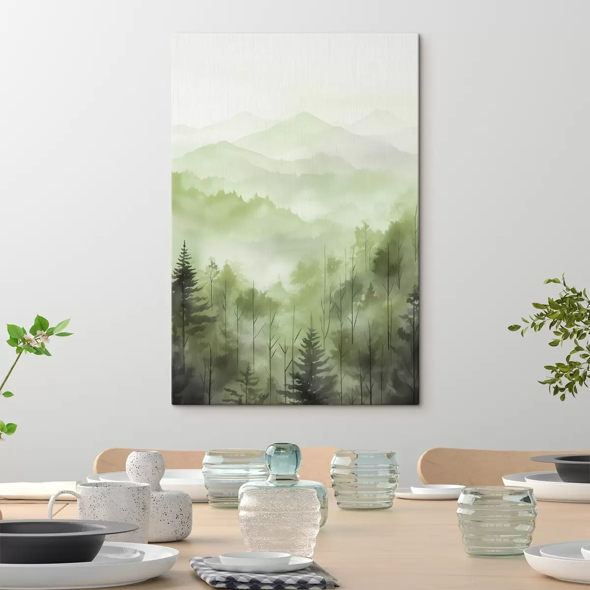 carta da parati Montagne con paesaggio forestale, colori verdi, stile acquerello nr. s44606