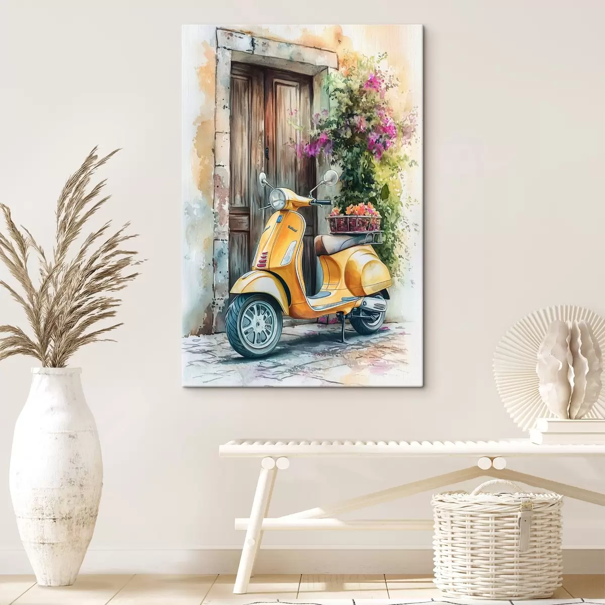 carta da parati Scooter giallo Vespa vicino a porta di legno con fiori nr. s44607