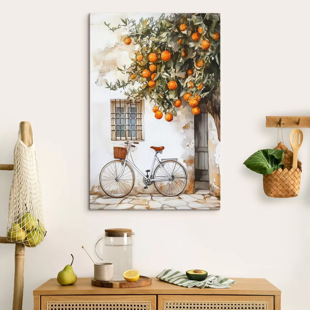 carta da parati Casa bianca mediterranea con arancio e bicicletta nr. s44610