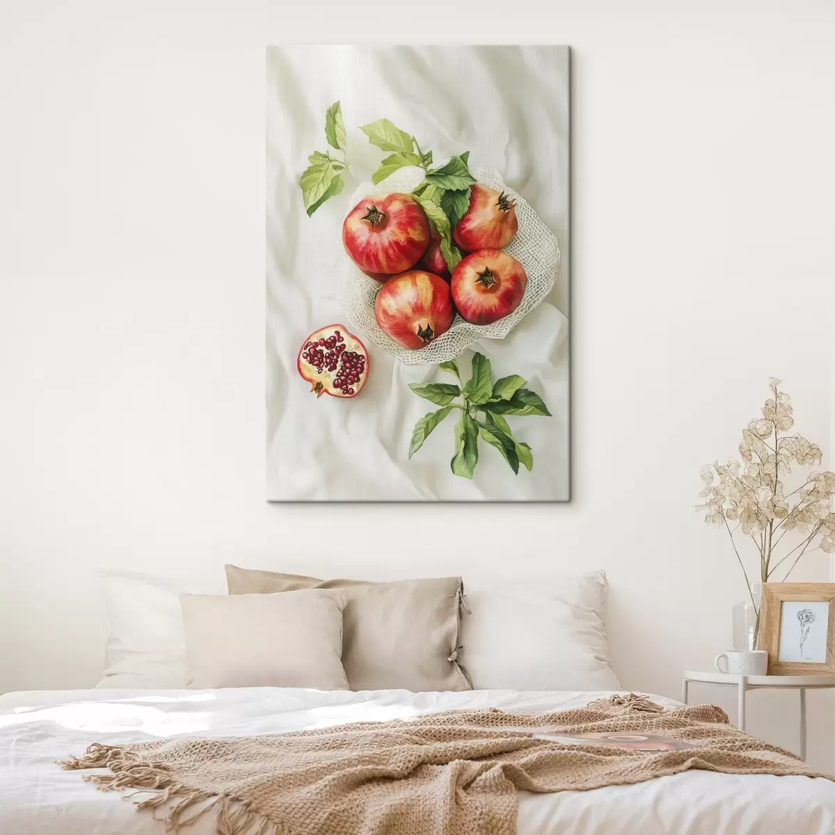 carta da parati Melograni con foglie di menta sulle tovaglie di lino, stile rustico nr. s44611