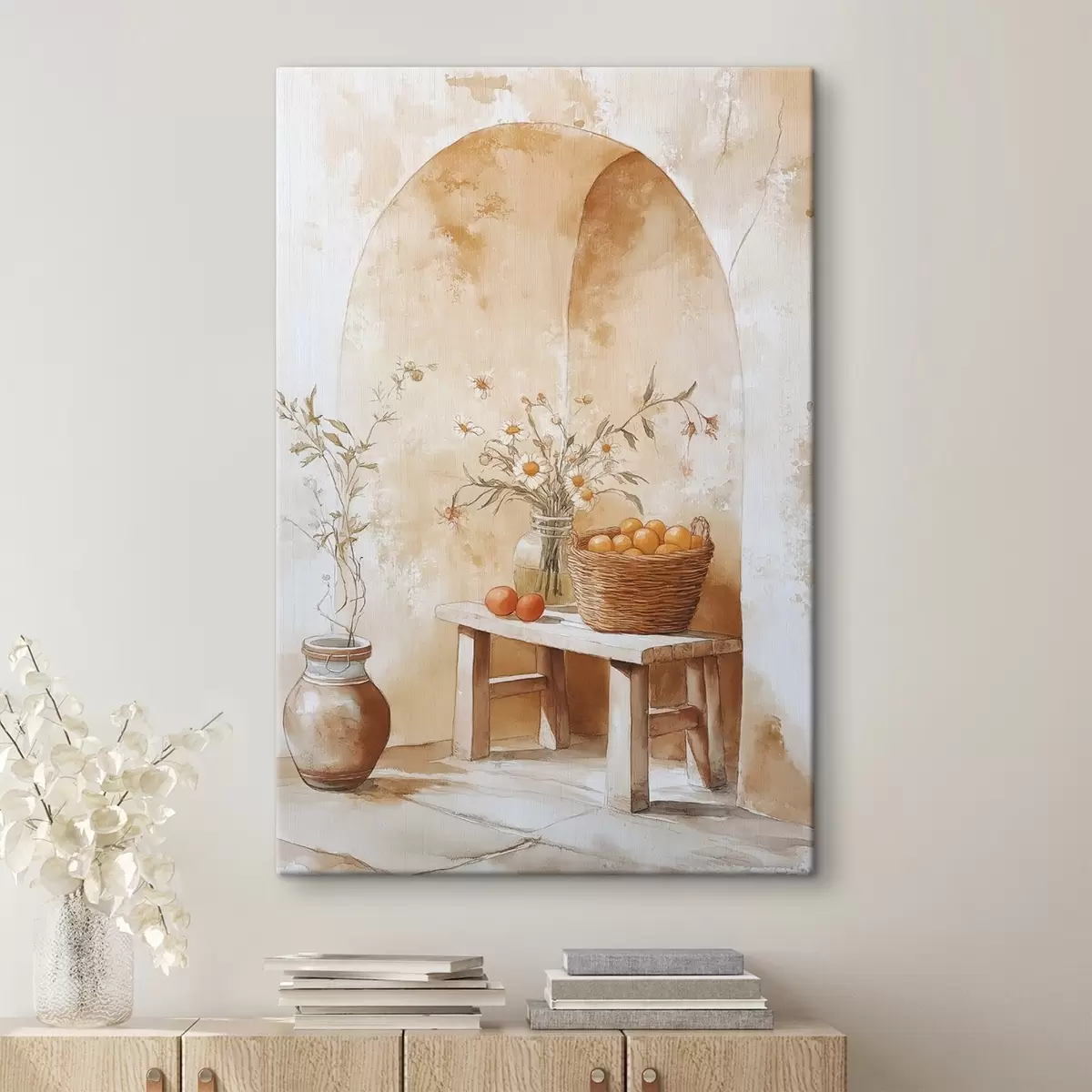 carta da parati Arco a muro con vaso antico, fiori di camomilla e cesto di arance  nr. s44613