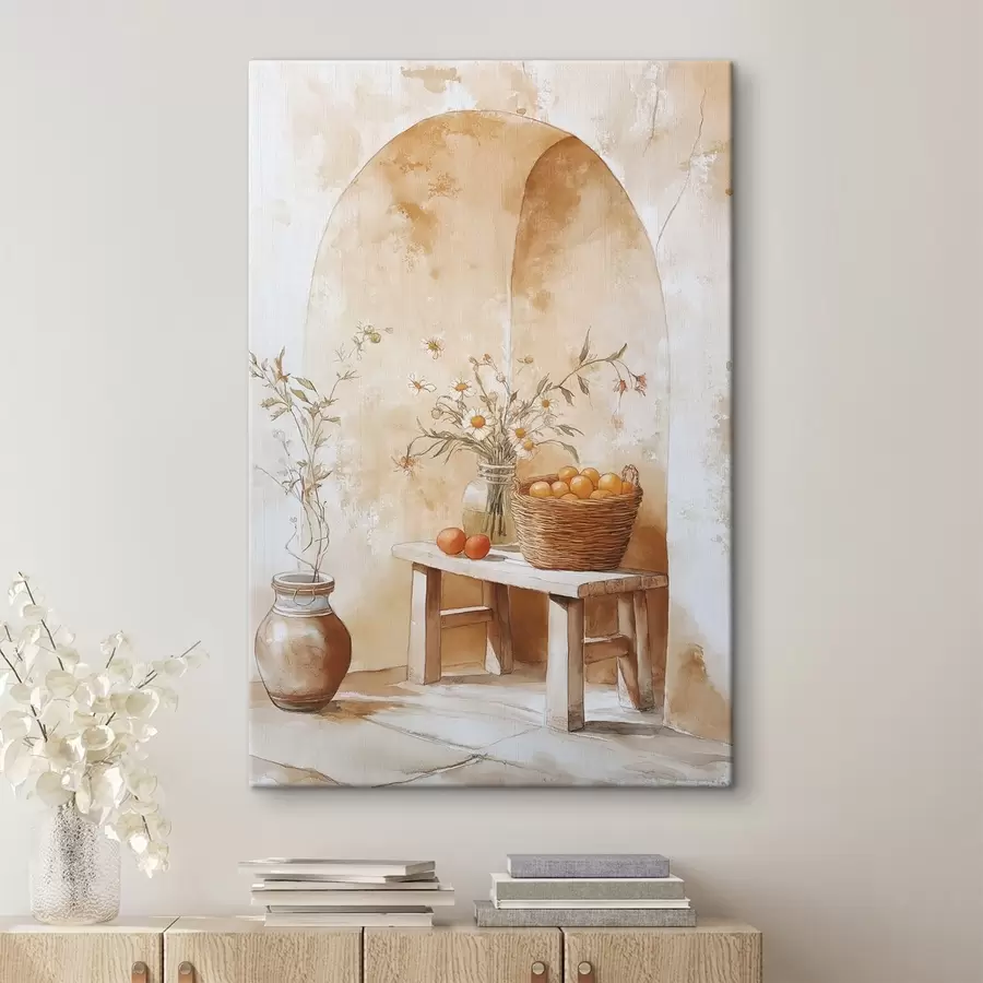 carta da parati Arco a muro con vaso antico, fiori di camomilla e cesto di arance  nr. s44613